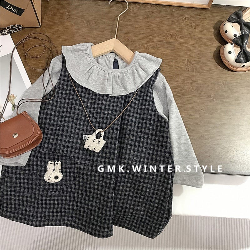 フリル長袖Tシャツチェックワンピースセット