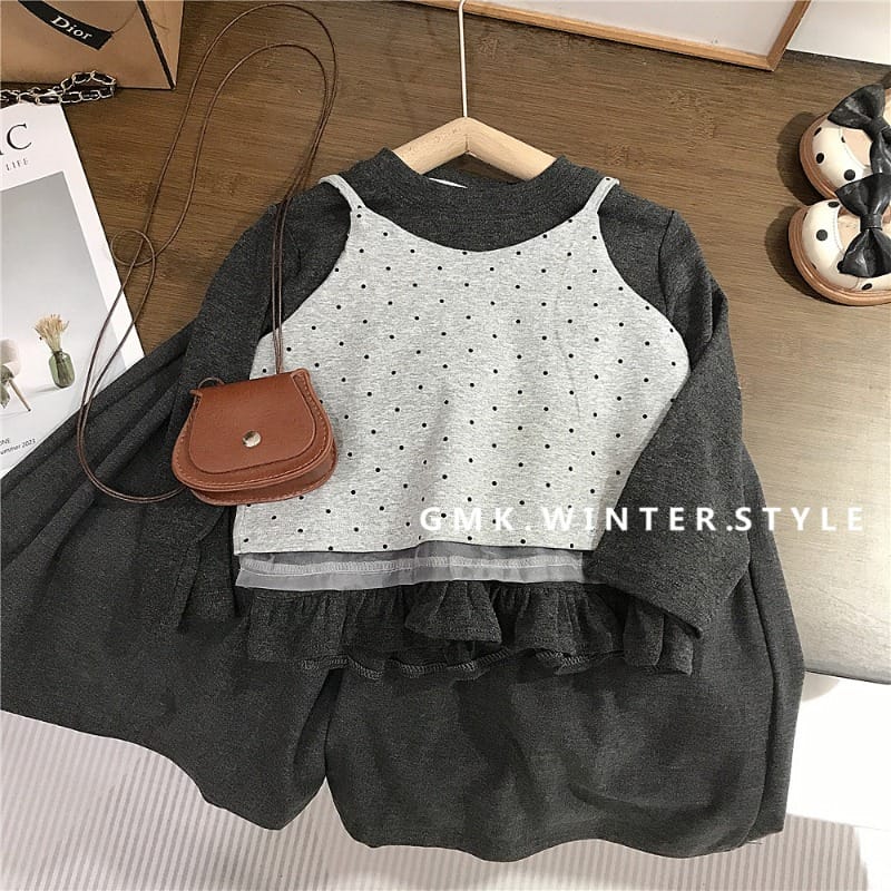 ドットベストフリルTシャツワイドパンツ3点セット