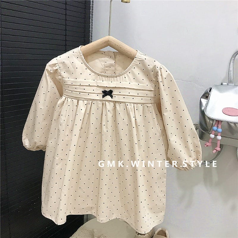 【KID】ドット柄フロントリボン長袖ワンピース