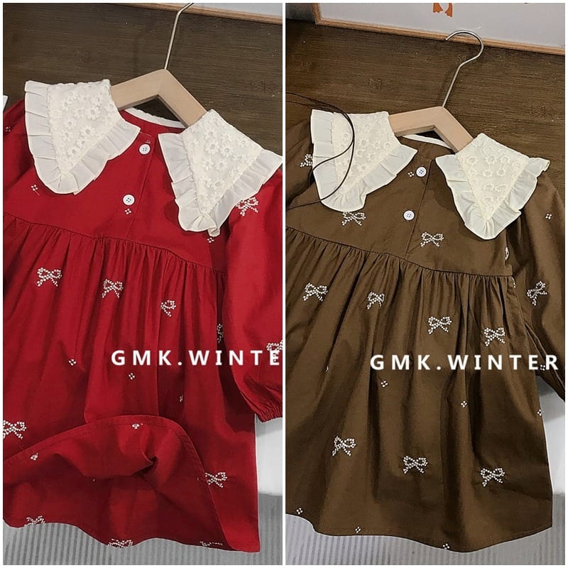 【KID】キラキラリボン刺繍レース襟長袖ワンピース