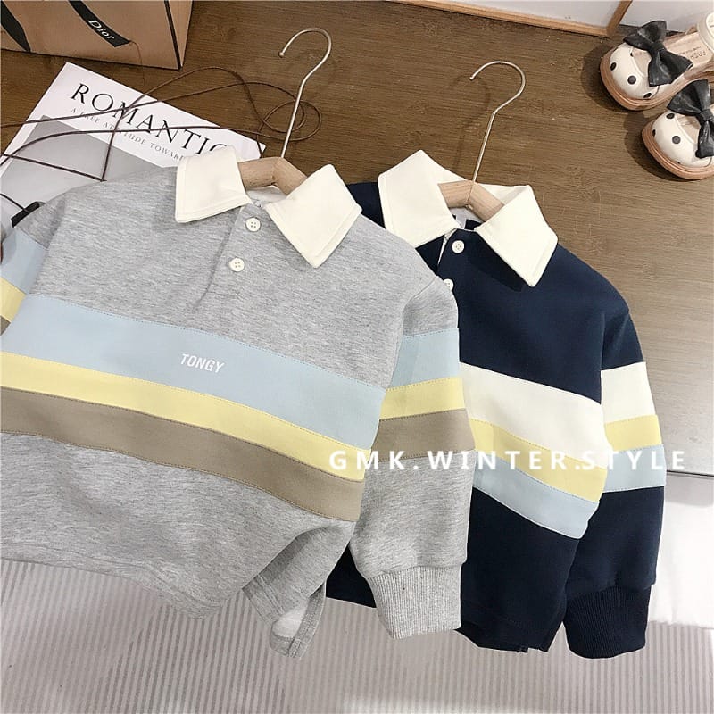 【KID】スリーライン配色デザイン襟付き長袖Tシャツ