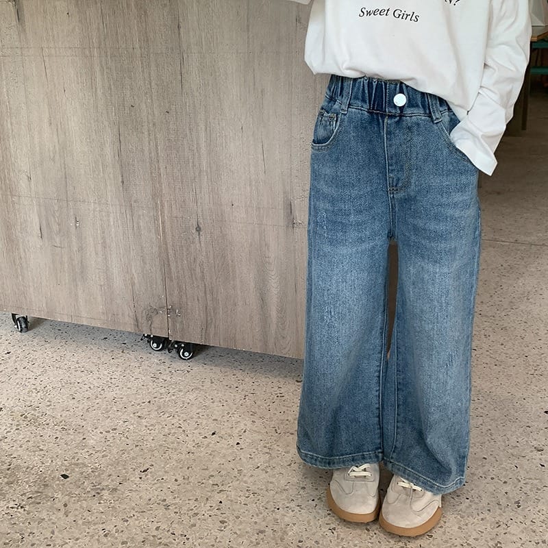 ウォッシュ加工ストレートデニムウエストゴムパンツ
