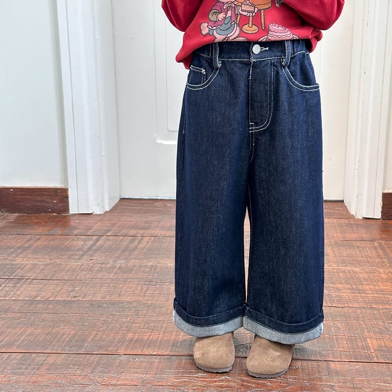 カジュアルルーズロールアップストレートデニムパンツ