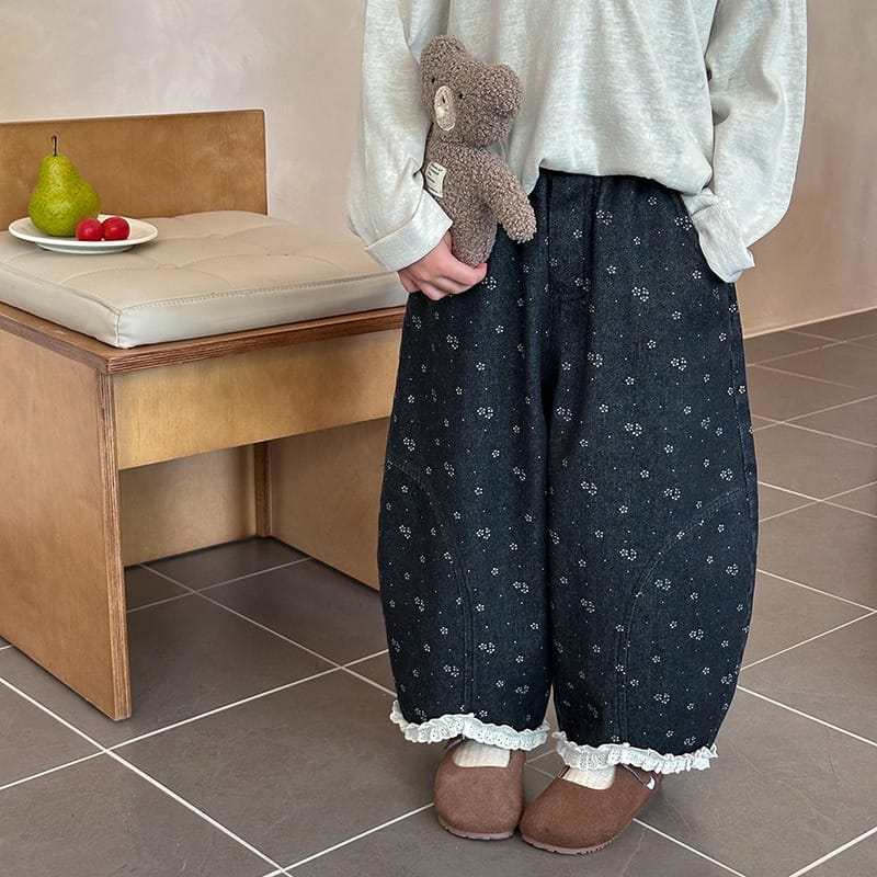 小花柄裾レースワイドデニムロングパンツ