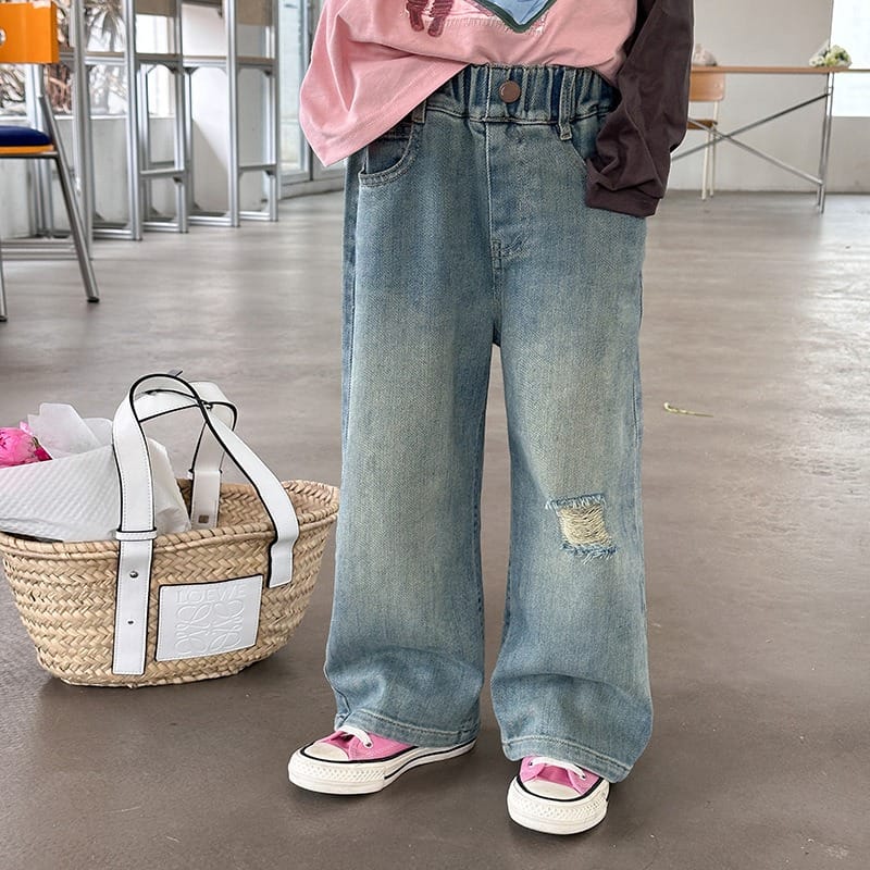 【KID】ヴィンテージ風ダメージストレートデニムパンツ