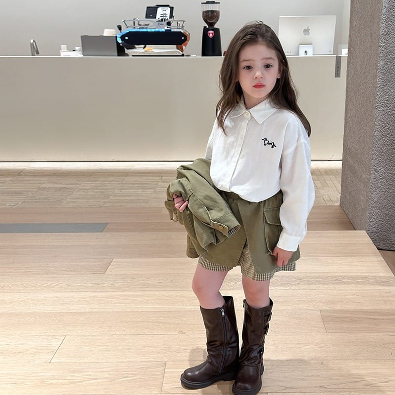 【KID】いぬ刺繍ワンポイントベーシック長袖シャツ