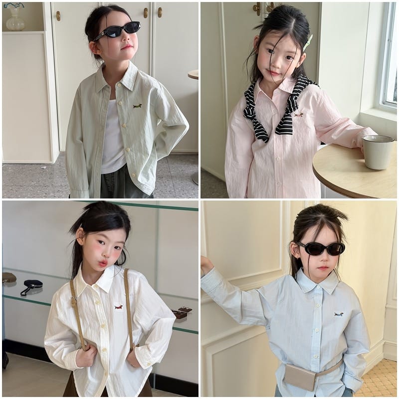 【KID】いぬワンポイント刺繍襟付き長袖シャツ