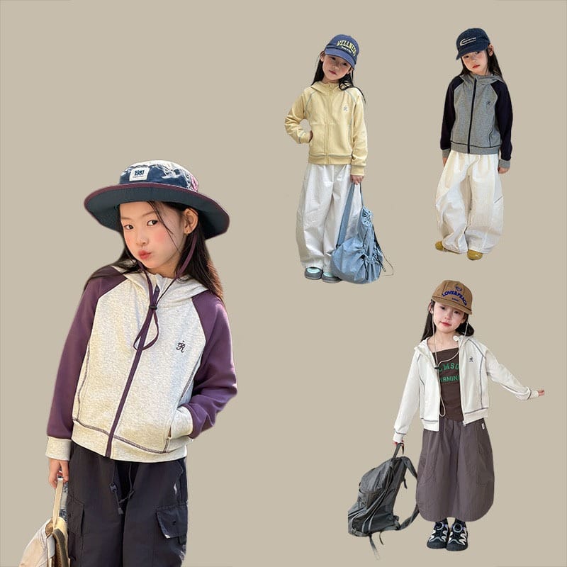 【KID】配色ステッチラグランフードジップアップ
