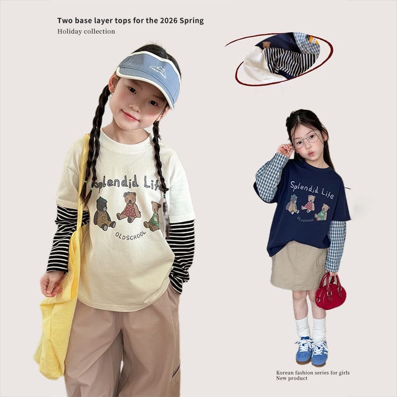 3匹のくまプリントフェイクレイヤード長袖Tシャツ