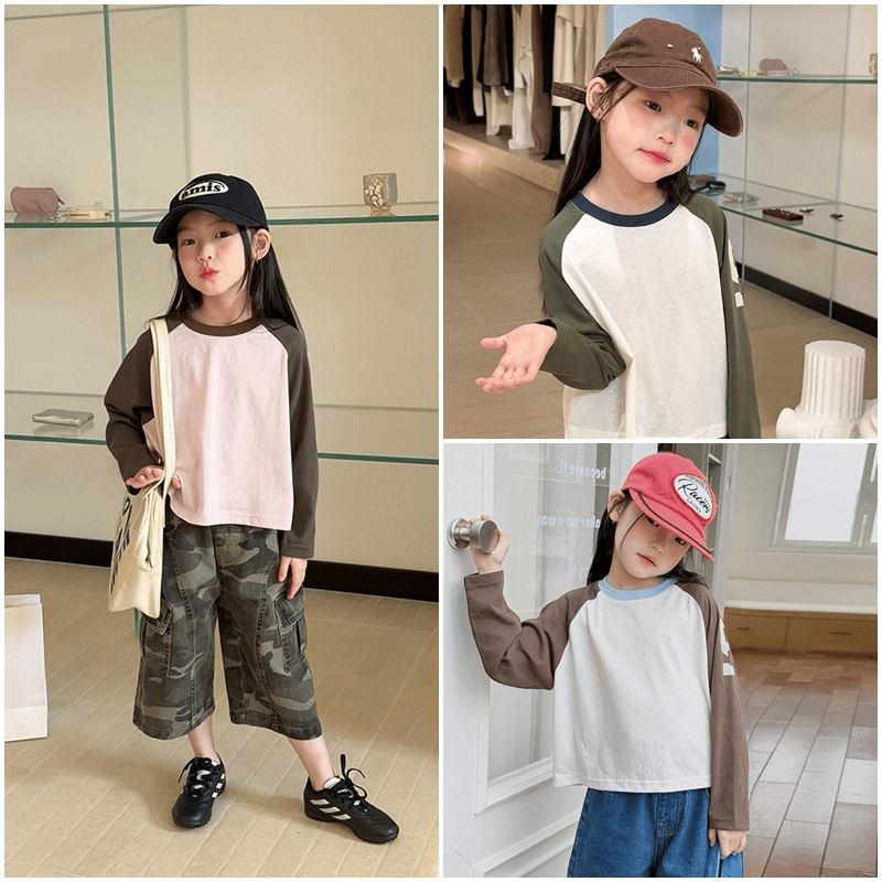 ナンバー5プリント配色ラグラン長袖Tシャツ