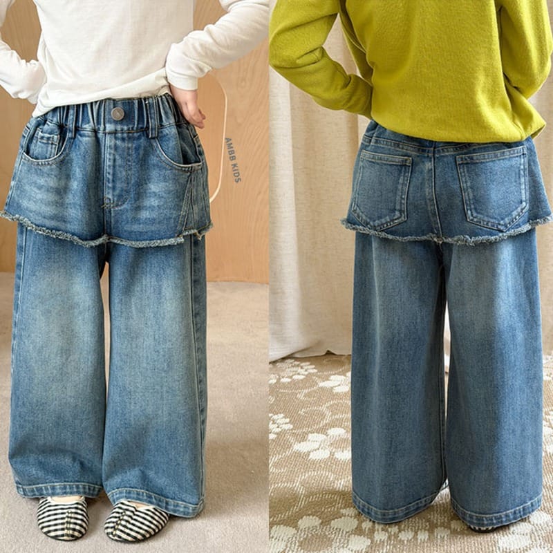 【KID】レイヤード風フリンジペプラムデニムパンツ