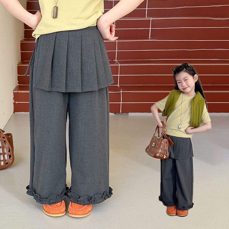 【KID】グレー裾フリルプリーツスカート付きワイドパンツ