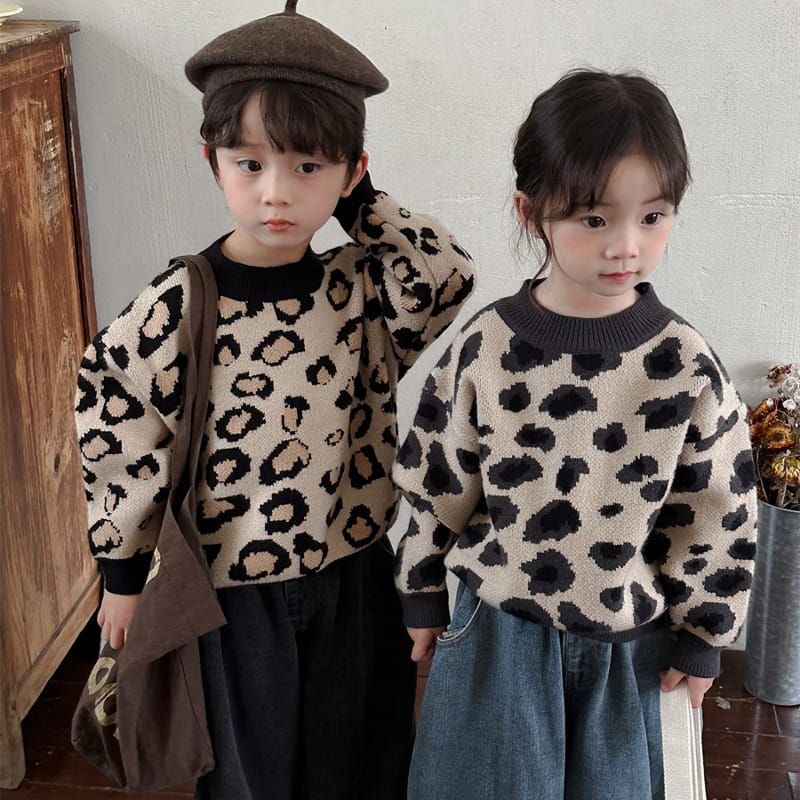 【KID】総柄レオパードオーバーサイズ長袖ニットセーター