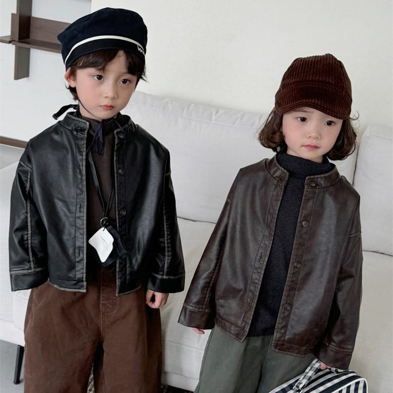 【KID】フェイクレザースタンドカラーレトロジャケット