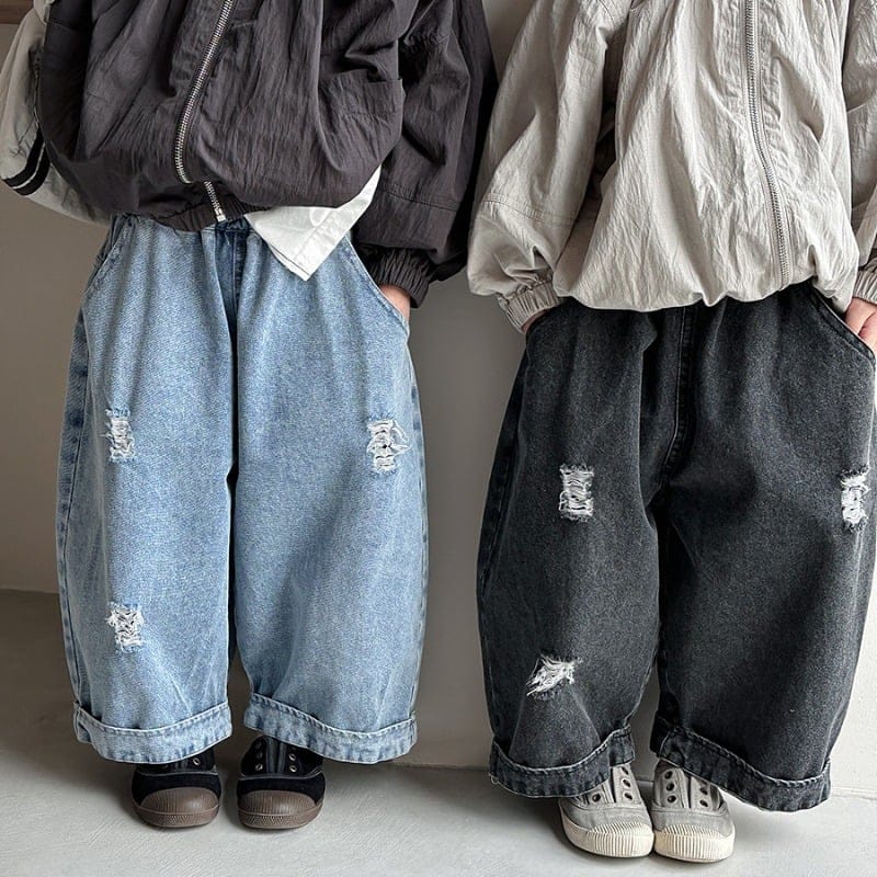ヴィンテージ風クラッシュワイドデニムロングパンツ