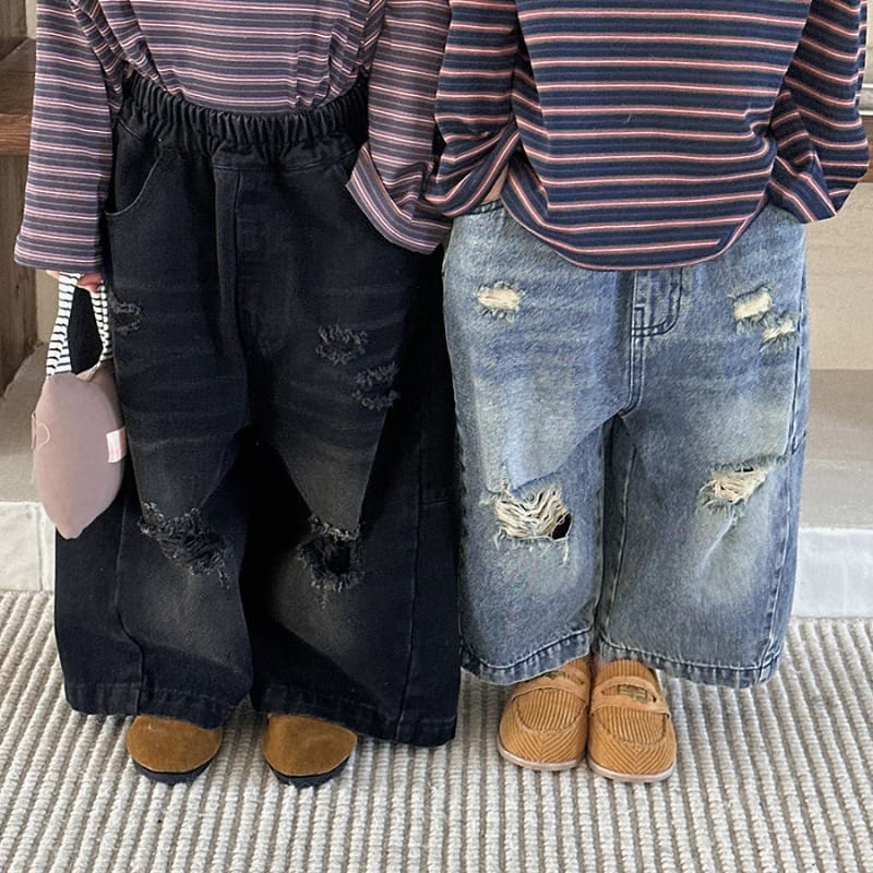 【KID】ヴィンテージ風ダメージ加工ルーズワイドデニムパンツ