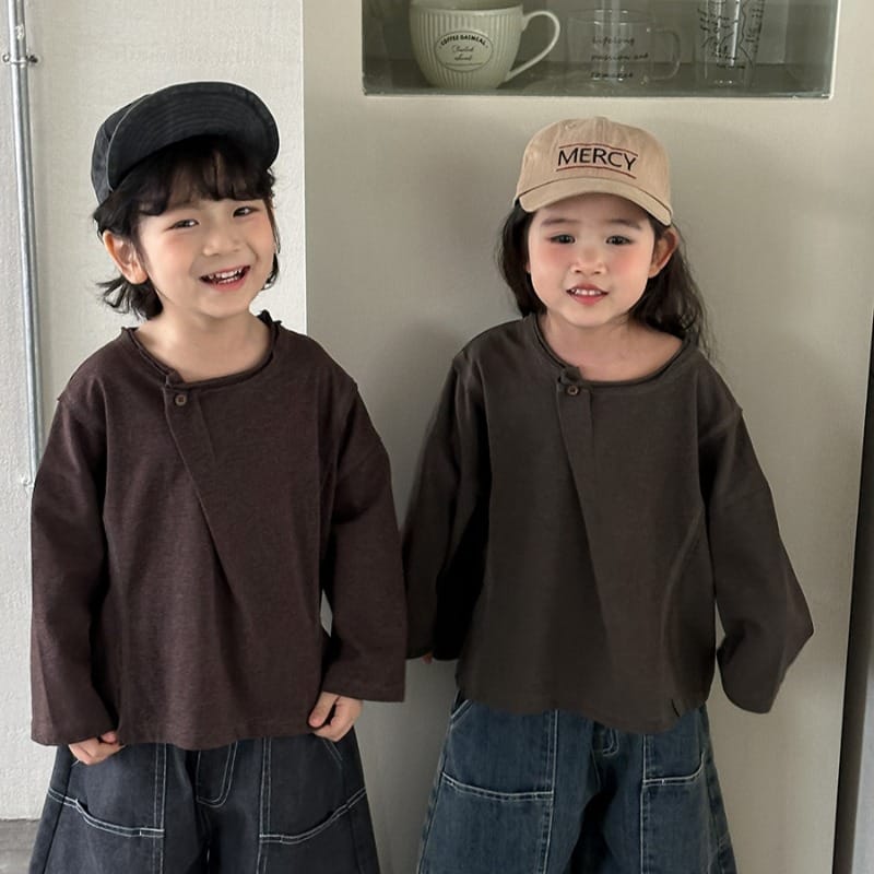 【KID】無地アシンメトリー斜めボタン長袖Tシャツ
