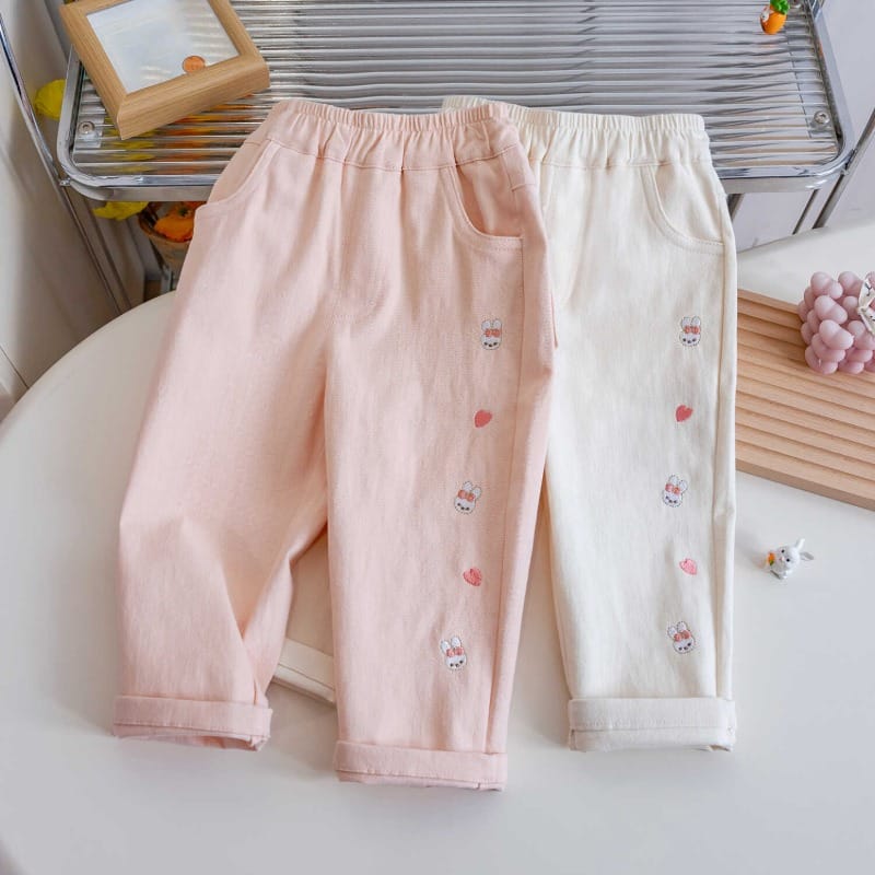 うさぎ刺繍ウエストゴムカジュアルロングパンツ