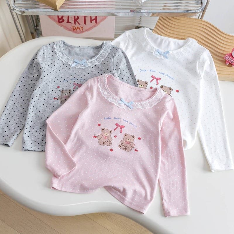 【KID】レース襟ドットくまプリント長袖Tシャツ