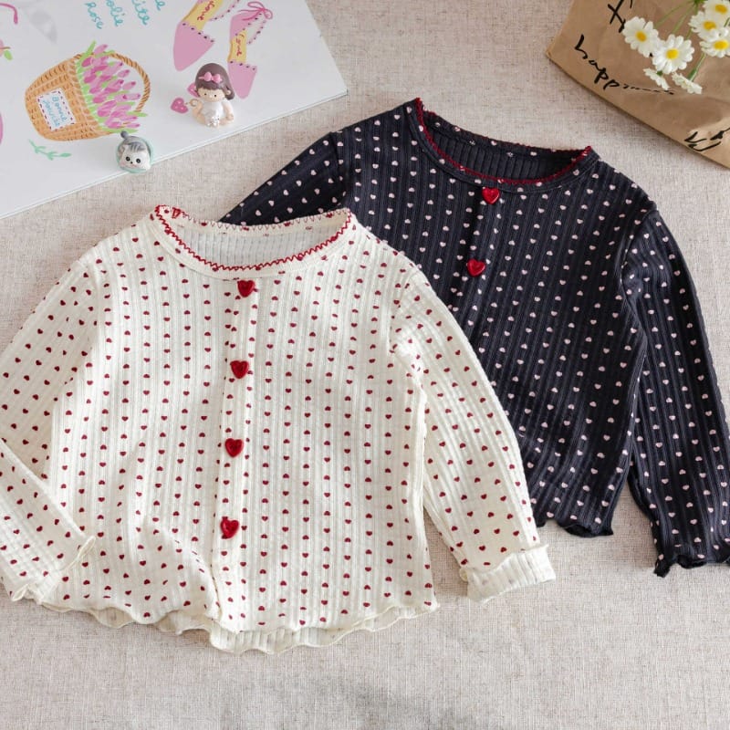 ハートドット総柄フロントボタン長袖Tシャツ
