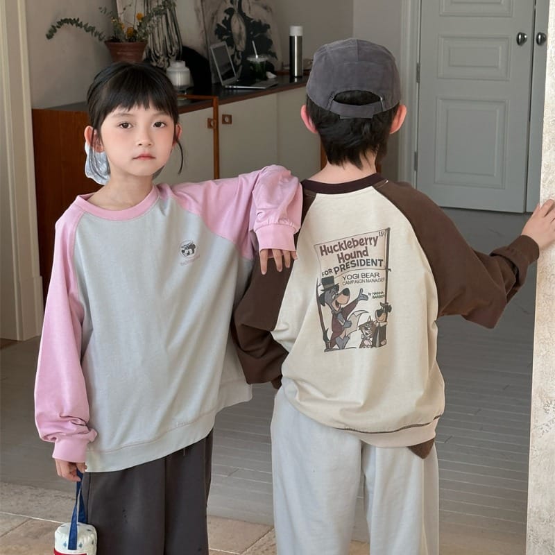 【KID】カートゥーンプリント配色ラグランスウェット