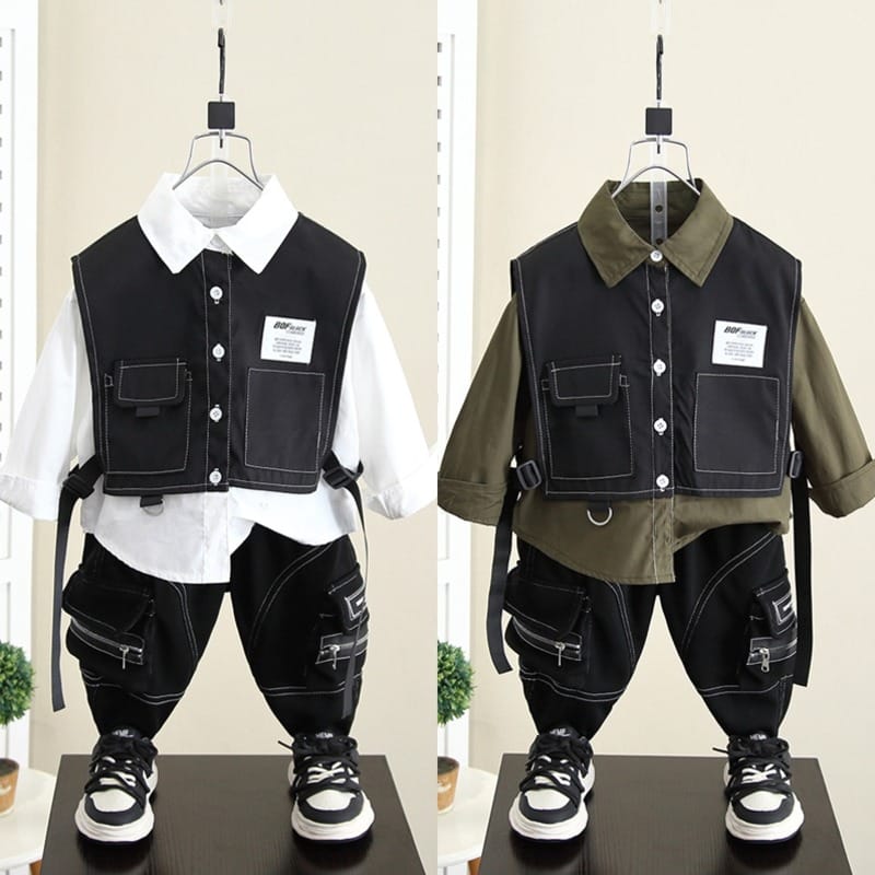 配色ベストレイヤードシャツロングパンツセットアップ