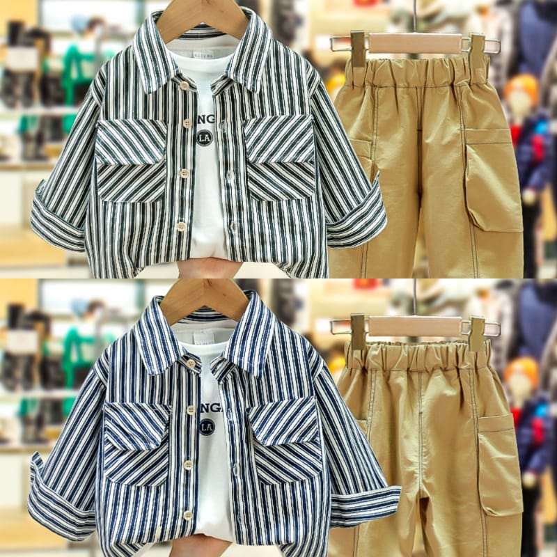 【セット】ストライプシャツ長袖Tシャツロングパンツ3点セット