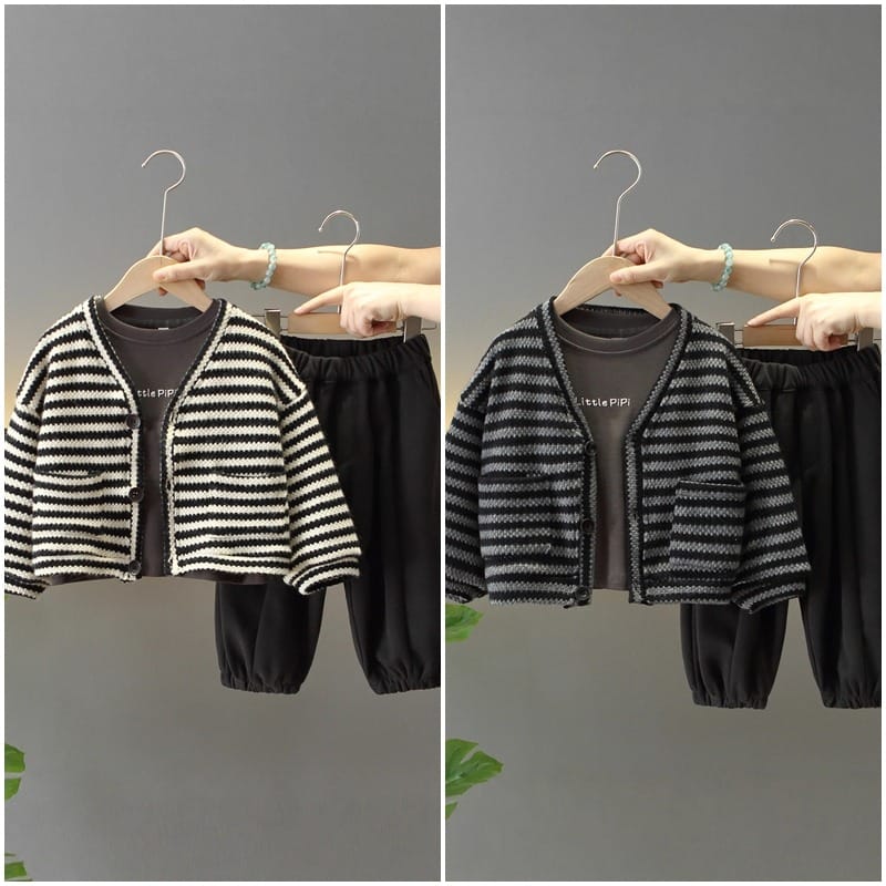 【セット】ストライプカーディガンTシャツパンツ3点セット
