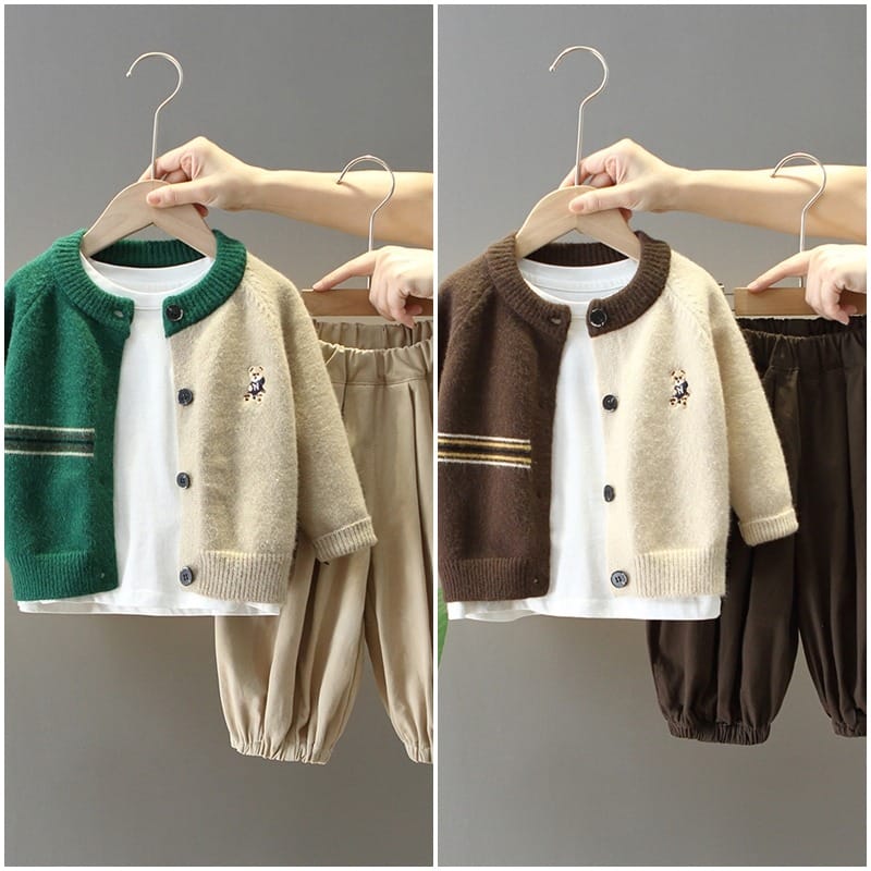 くま刺繍配色カーディガンTシャツロングパンツ3点セット