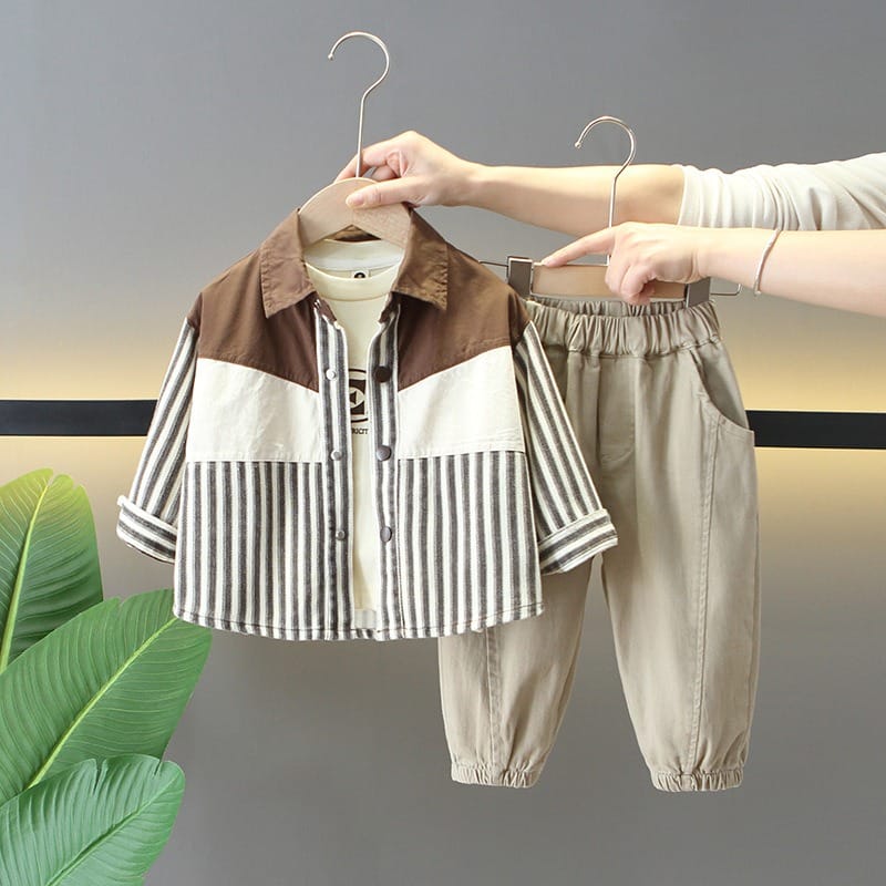ストライプシャツ長袖Tシャツパンツ3点セット