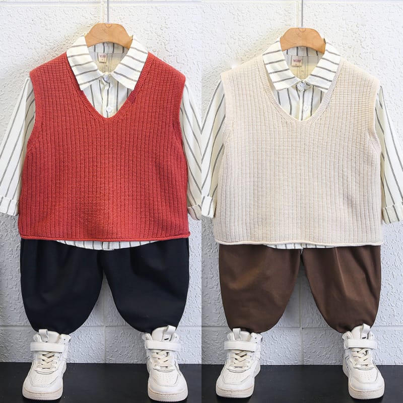【セット】ストライプシャツニットベストパンツ3点セット