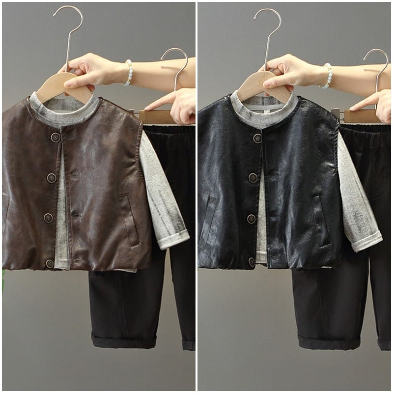 【セット】レザー調ベスト長袖Tシャツロングパンツ3点セット