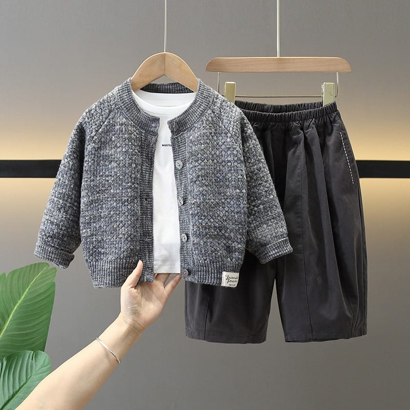 グレーカーディガン長袖Tシャツロングパンツ3点セット