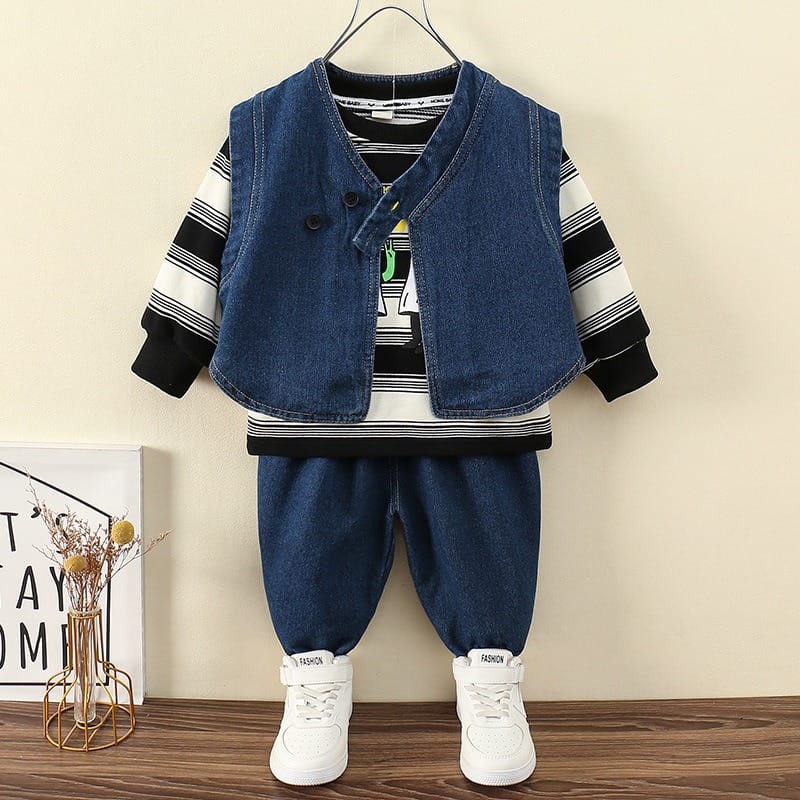 【セット】ストライプトップスデニムベストパンツ3点セット