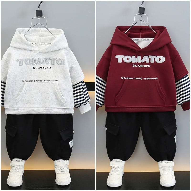 【セット】TOMATOロゴ袖ストライプレイヤード風パーカーセットアップ