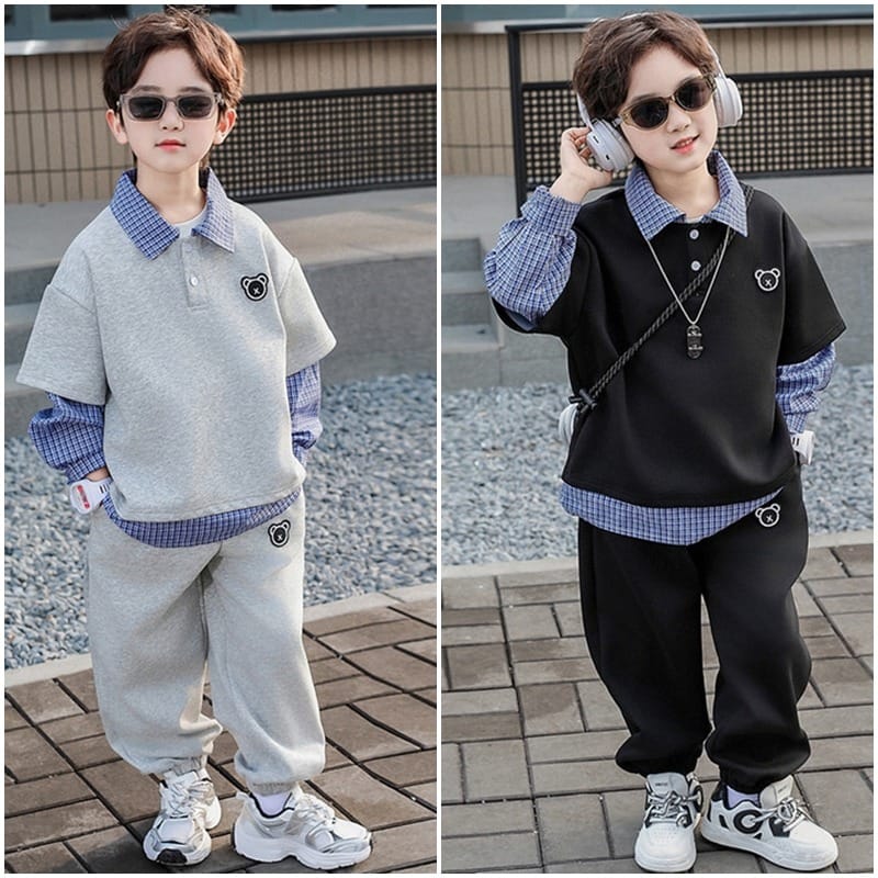 くま襟付きフェイクレイヤードスウェットセットアップ