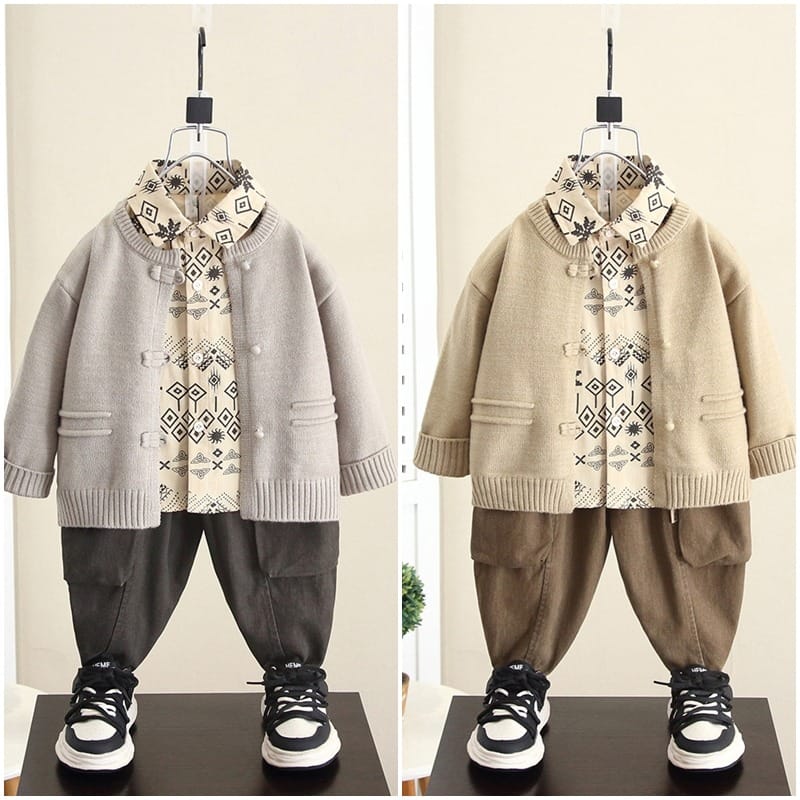 幾何学柄シャツカーディガンロングパンツ3点セット