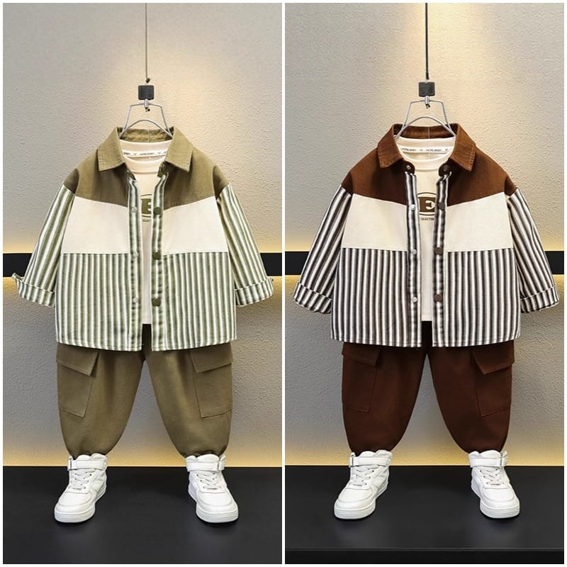 ストライプ切替長袖シャツパンツセットアップ