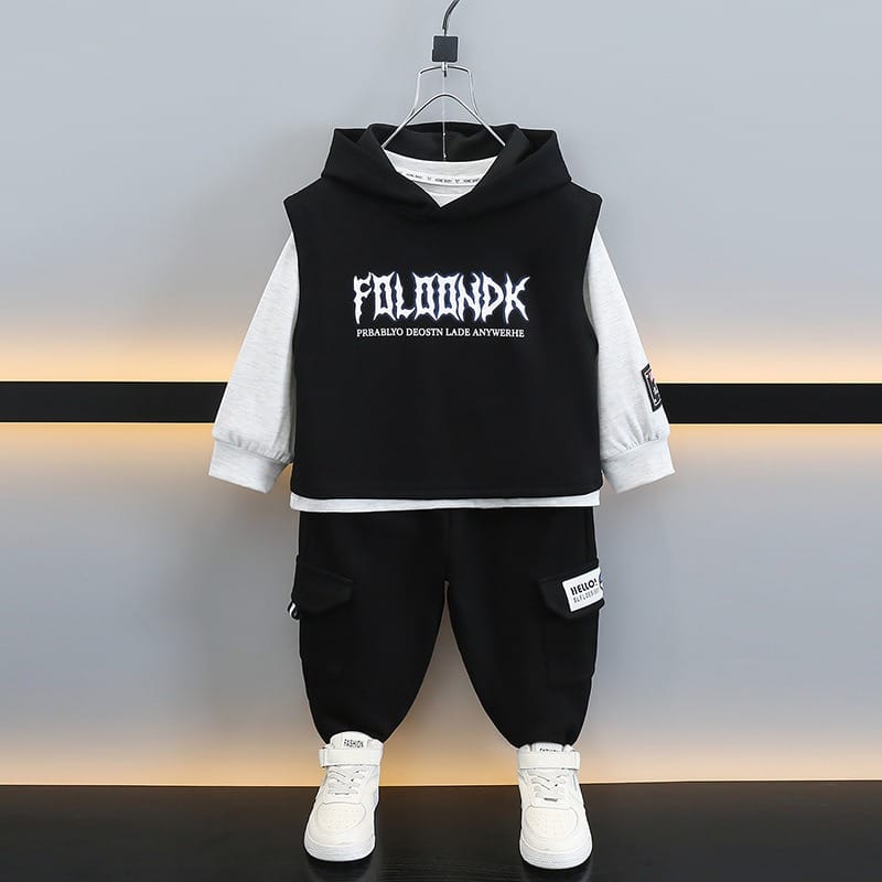 ロゴプリントフードベスト長袖Tシャツ長ズボン3点セット