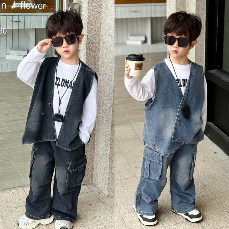 デニムベストTシャツロングパンツ3点セットアップ