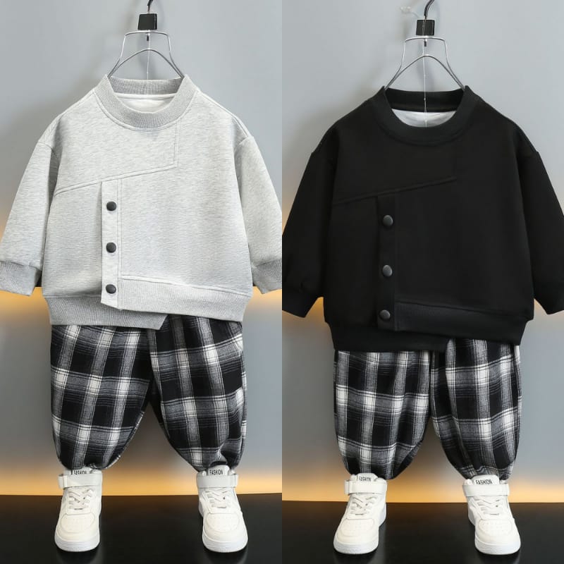 ボタンデザイントップスチェックパンツセットアップ