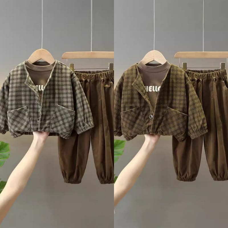 【セット】チェックジャケットロゴTシャツロングパンツ3点セット