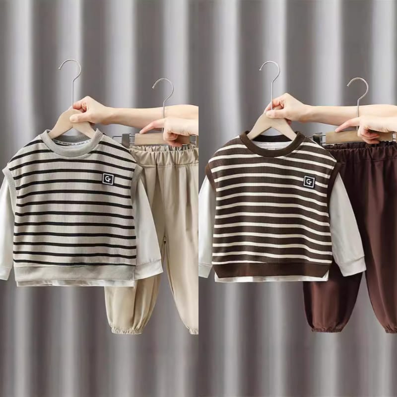 【セット】ストライプベスト長袖Tシャツロングパンツ3点セット