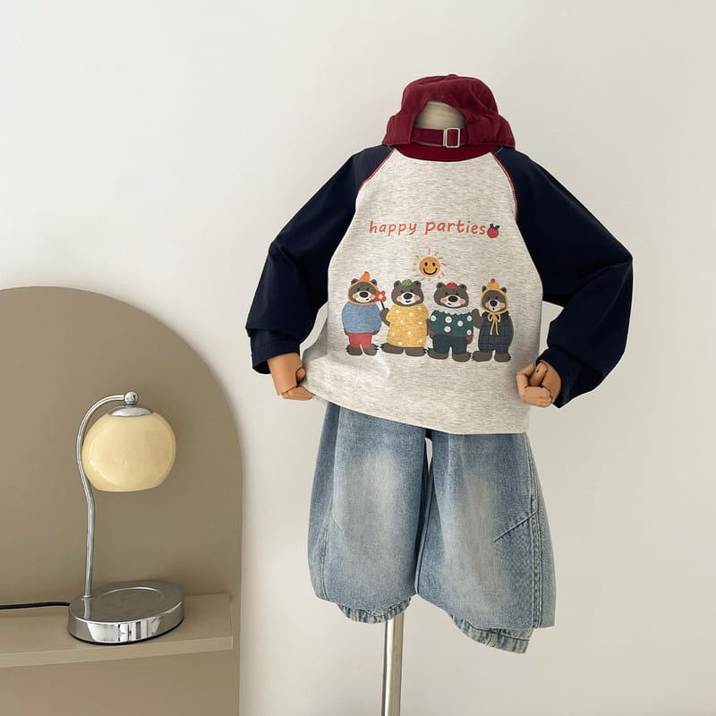 【KID】ハッピーくまプリントラグラン長袖Tシャツ