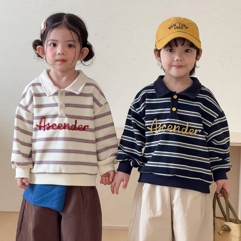 【KID】ロゴ刺繍ストライプ襟付き長袖ポロトップス