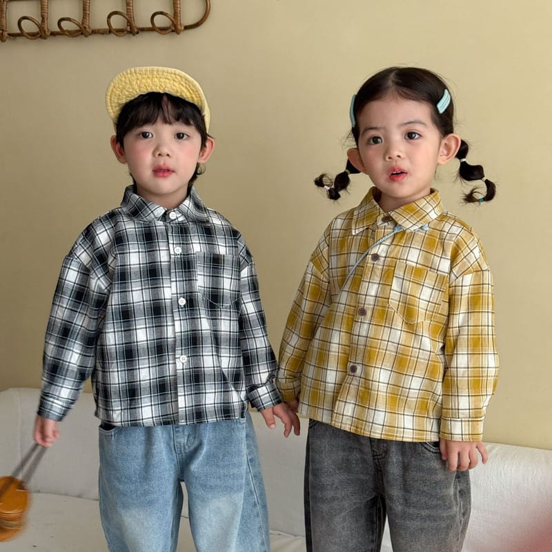 【KID】マヨチェック柄襟付きキッズ長袖コットンシャツ