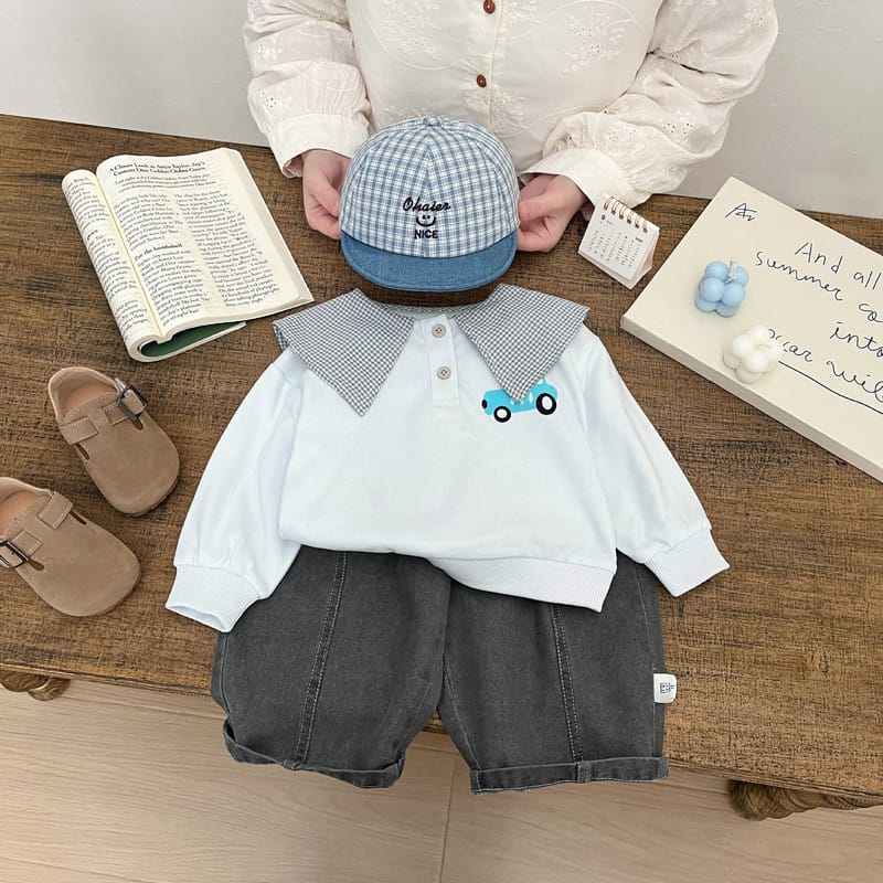 【BABY】チェック襟くるまプリントポロ長袖Tシャツ