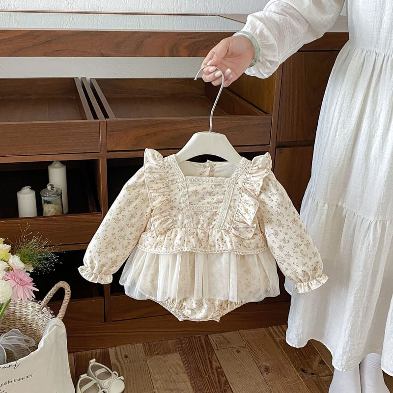 【BABY】イエローローズ小花柄レースフリルロンパース