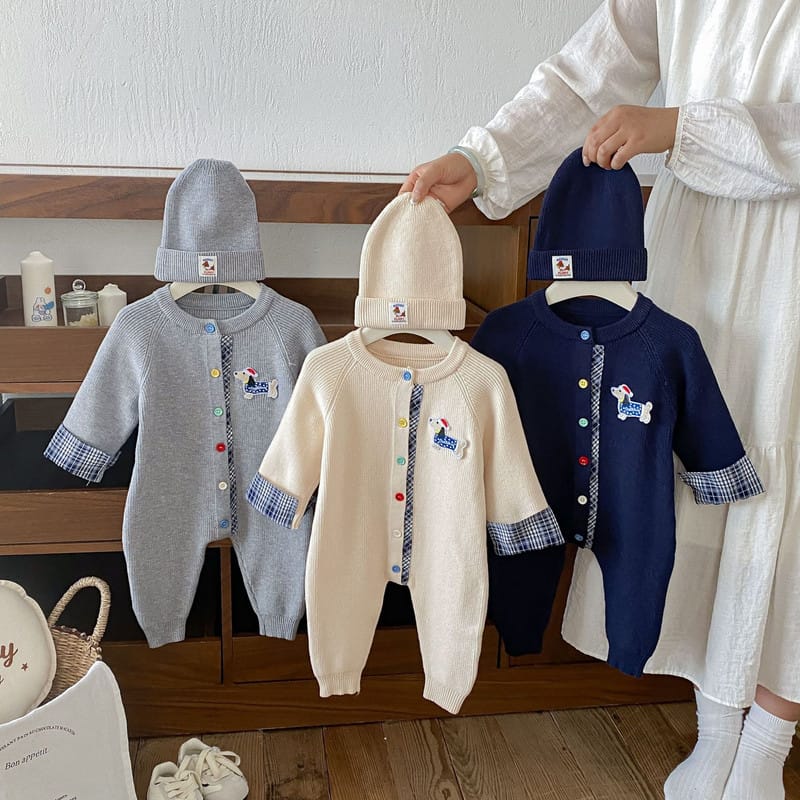 【BABY】ダックスフント柄長袖ニットフードロンパース