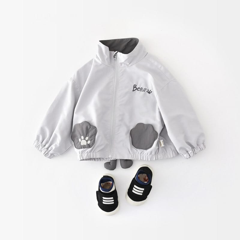 【BABY】グレーくま足跡ポケットジップアップジャケット